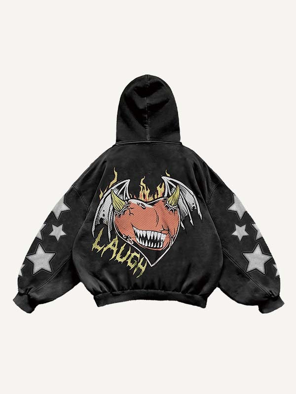 Demon Heart&Wing&Star Print Slant Pockets Hoodie