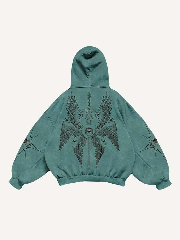 Wing&Eye&Graphic&Sword Print Slant Pockets Hoodie