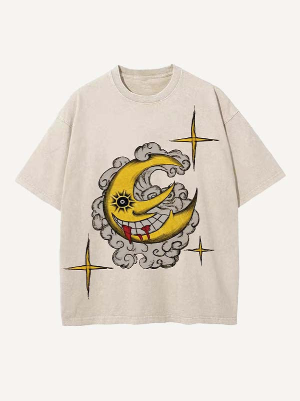 Distressed Washed Evil Moon&Sun&Star&Cloud Print Round Neck T-shirt