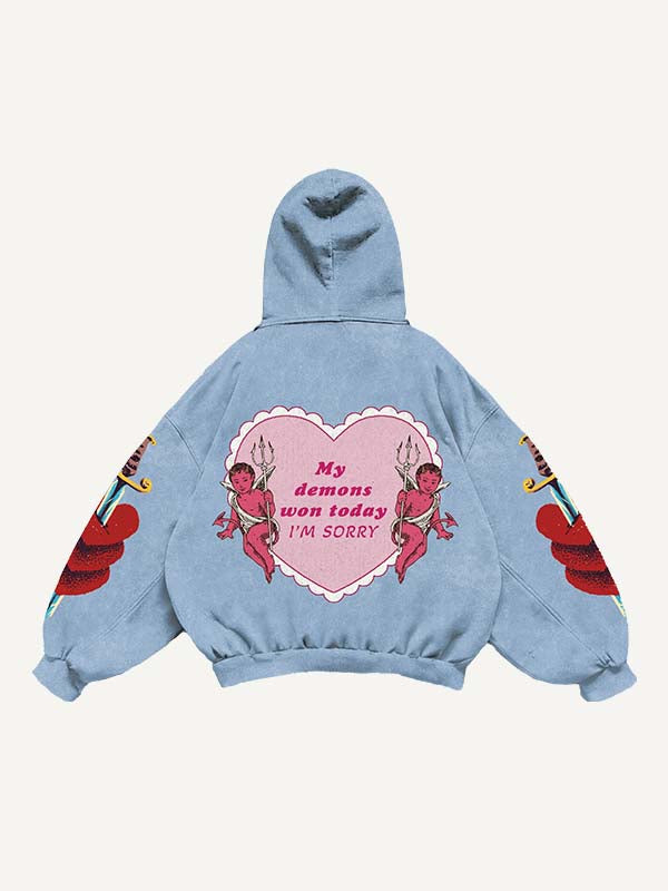 Angel&Devil&Heart&Sword&Letter Print Slant Pockets Hoodie