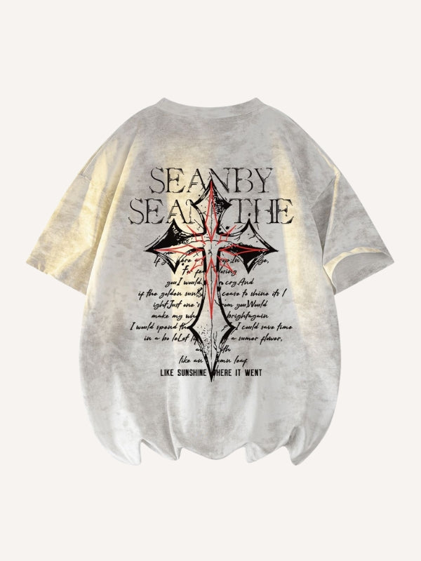 Tie-dye Letter&Cross Print Round Neck T-shirt