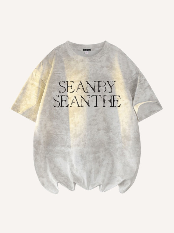Tie-dye Letter&Cross Print Round Neck T-shirt