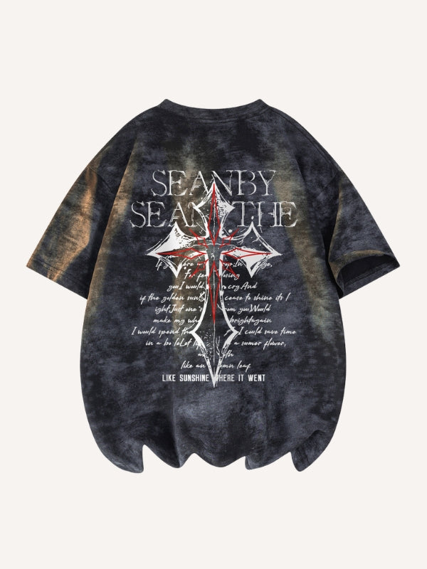 Tie-dye Letter&Cross Print Round Neck T-shirt