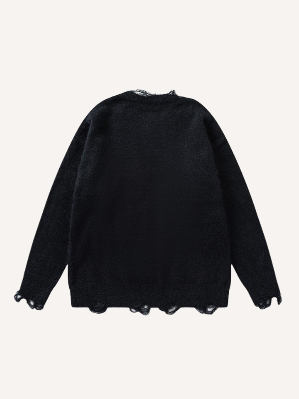 Cat Jacquard Hole Round Neck Knit Sweater