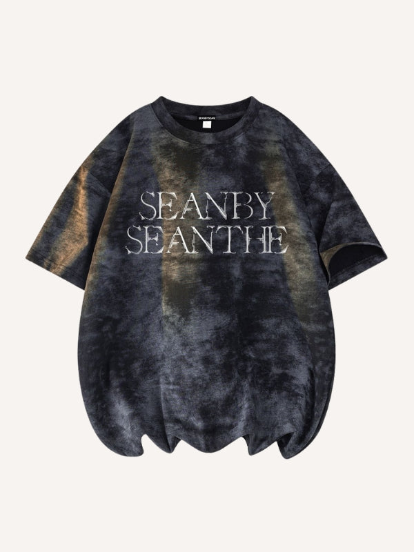 Tie-dye Letter&Cross Print Round Neck T-shirt