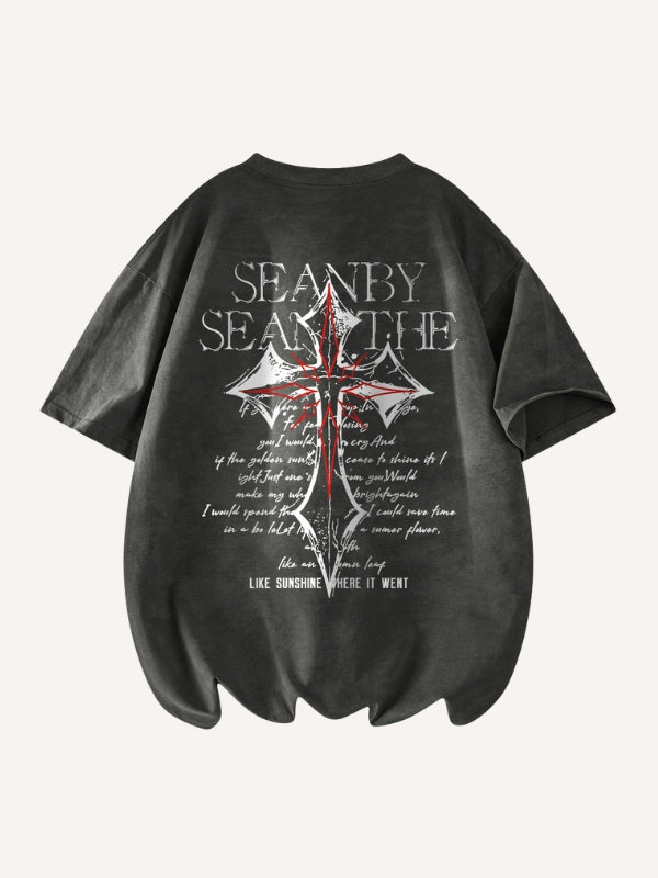Tie-dye Letter&Cross Print Round Neck T-shirt