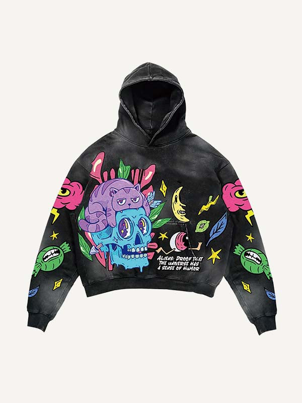 Skull&Cat&Eyeball&Graphic Print Slant Pockets Hoodie