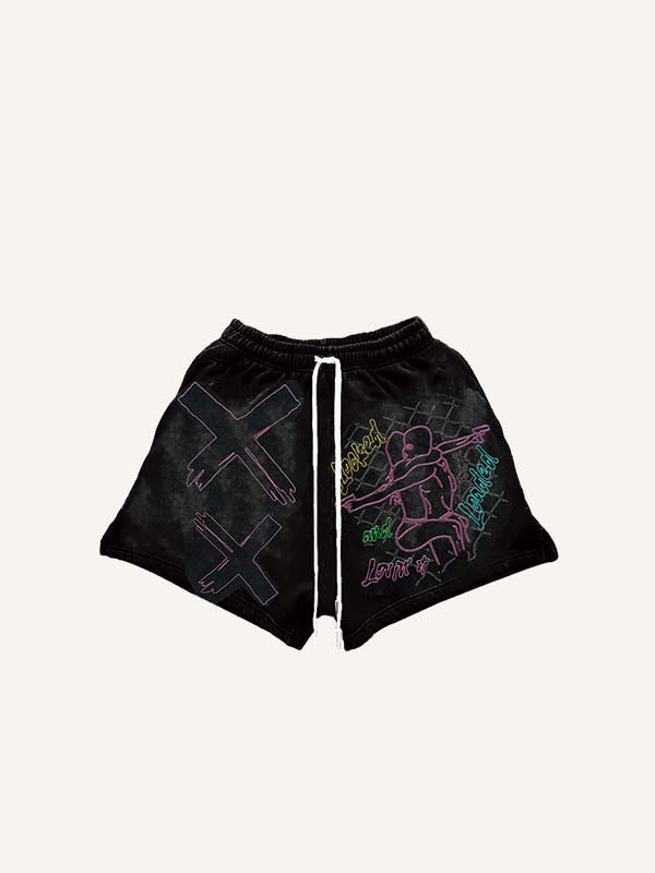Figure&Pistol&Graphic&Letter Faux Decal Print Drawstring Waist Shorts