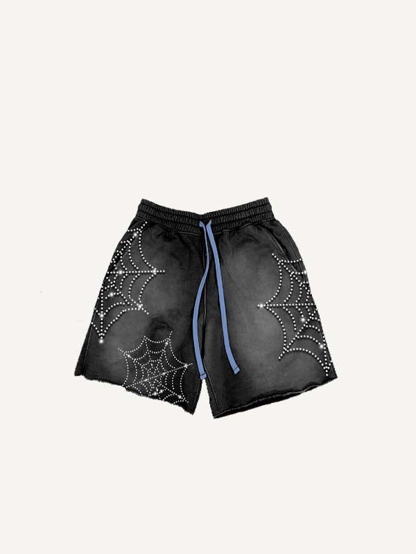 Spider Web Faux Rhinestones Print Drawstring Waist Shorts