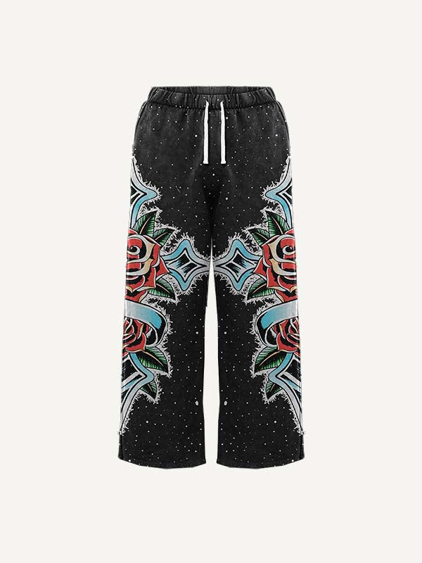 Cross&Floral&Letter Faux Decal Print Elastic Waist Pants