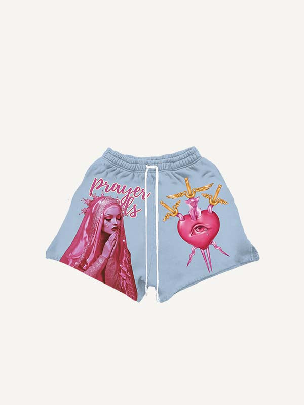 Figure&Pray&Sword&Heart&Eye Print Drawstring Waist Shorts