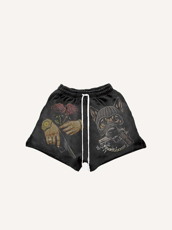 Dog&Pistol&Palm&Floral&Letter Print Drawstring Waist Shorts