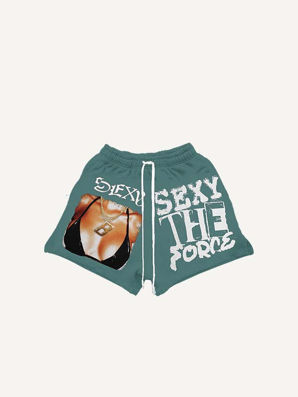 Figure&Letter Print Drawstring Waist Shorts