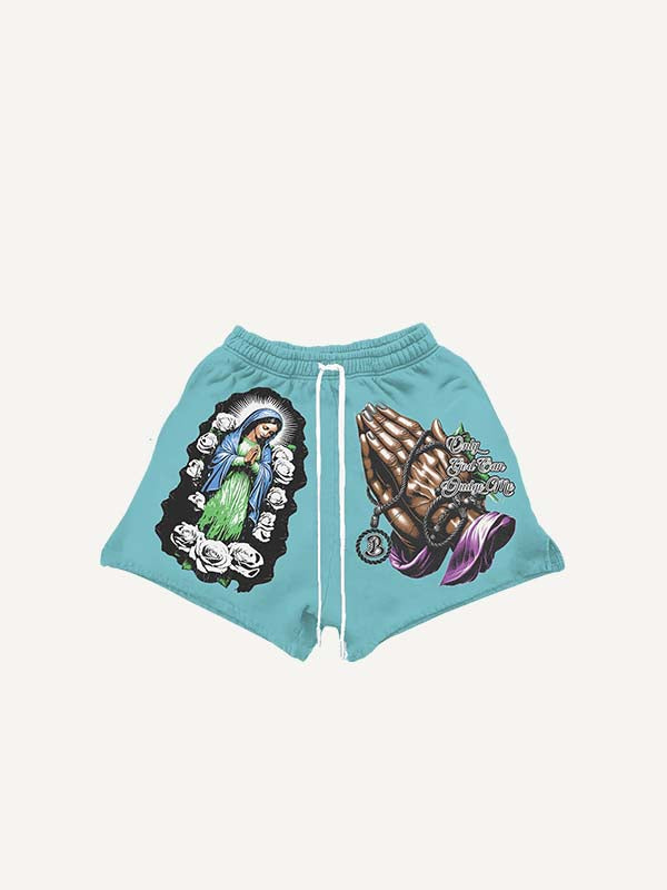Figure&Pray&Floral&Letter Print Drawstring Waist Shorts