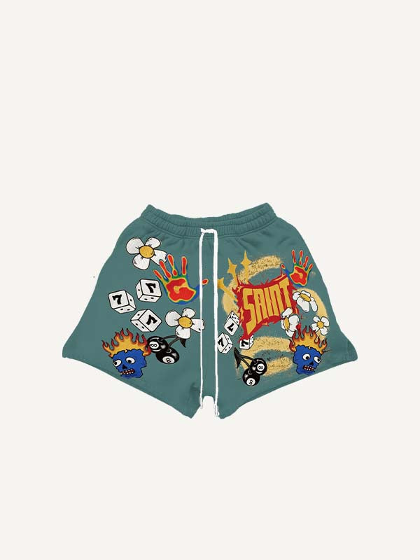 Figure&Dice&Floral&Black 8&Palm&Graphic&Letter Print Drawstring Waist Shorts