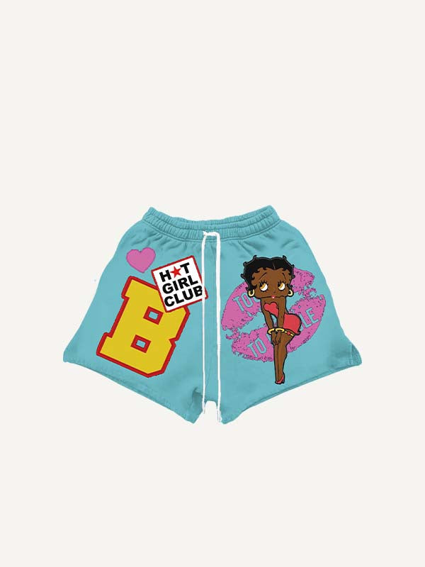Figure&Lips&Heart&Letter Faux Decal Print Print Drawstring Waist Shorts