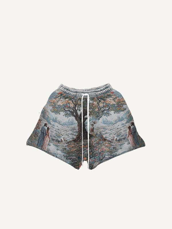 Figure&Tree&Animal&Floral Print Drawstring Waist Shorts