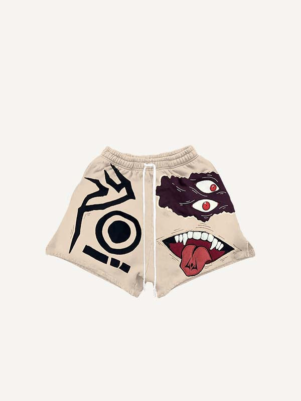 Eye&Tongue&Graphic Faux Decal Print Drawstring Waist Shorts