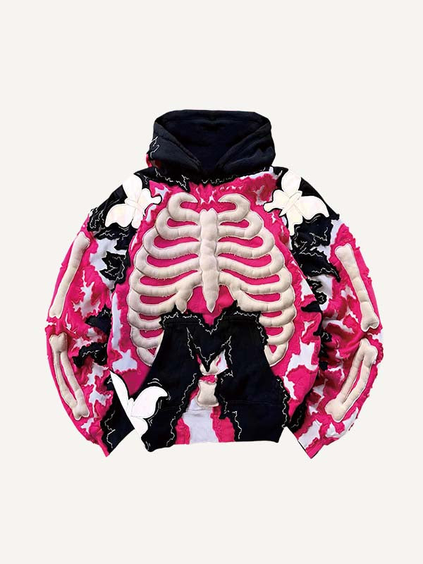 Colorblock Skeleton&Butterfly Faux Decal Print Slant Pockets Hoodie