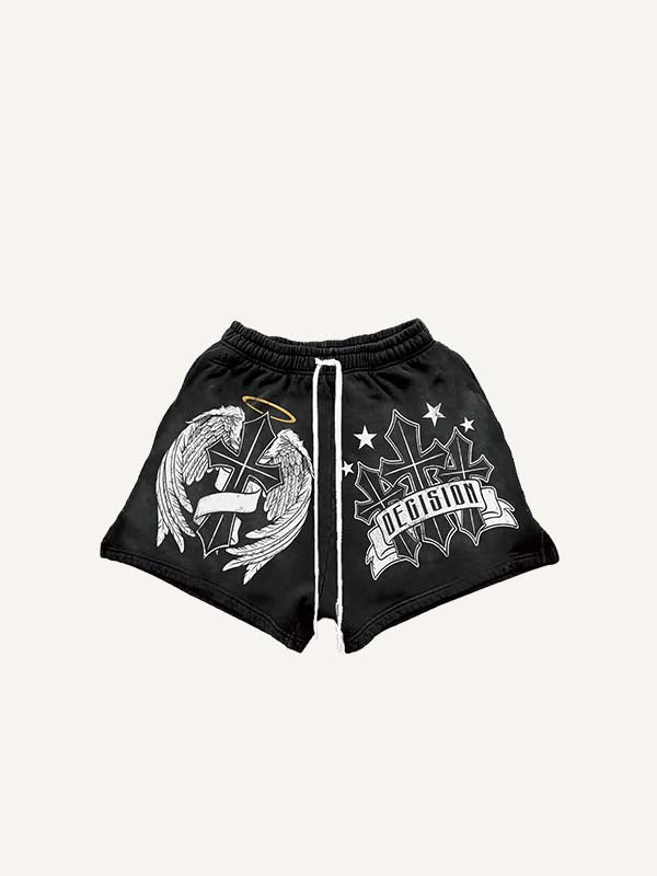 Cross&Wing Print Drawstring Waist Shorts