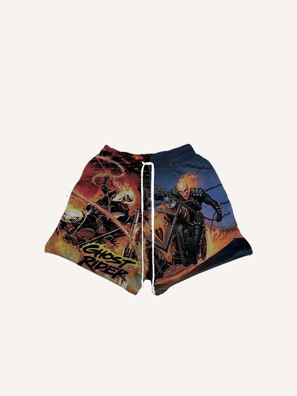 Fire Skeleton&Chain&Motorcycle&Letter Print Drawstring Waist Shorts