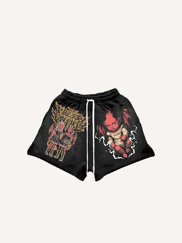 Demon&Letter&Star Print Drawstring Waist Shorts