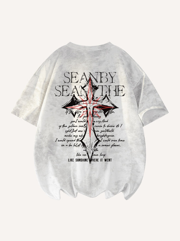 Tie-dye Letter&Cross Print Round Neck T-shirt