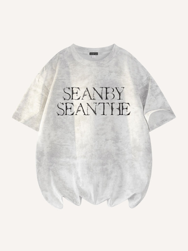 Tie-dye Letter&Cross Print Round Neck T-shirt
