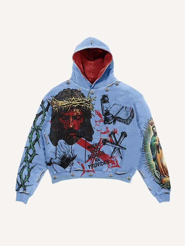 Jesus&Mary&Cross&Letter&Graphic Print Slant Pockets Hoodie