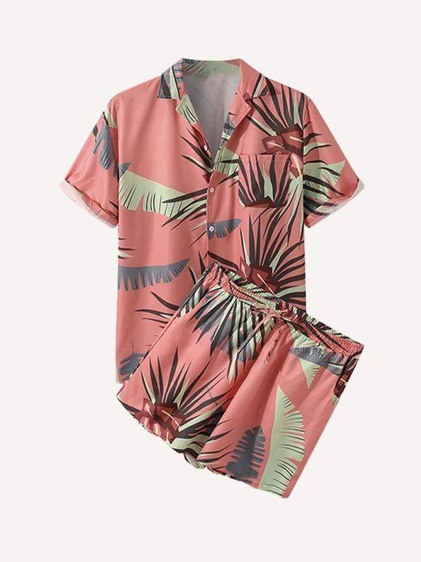 Hawaiian Floral Leaf Graphic Patch Pocket Drawstring Waist Two-Piece Set
