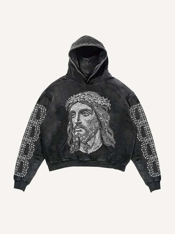 Jesus&Letter Faux Rhinestones Print Slant Pockets Hoodie