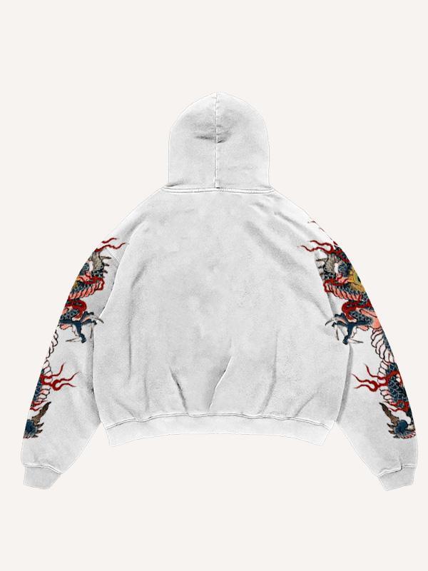 Dragon&Letter Print Slant Pockets Hoodie