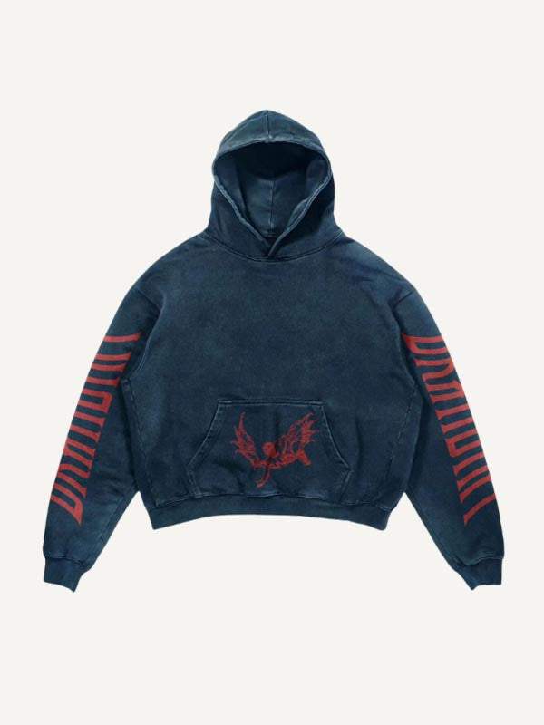 Figure&Letter&Wing Print Slant Pockets Hoodie