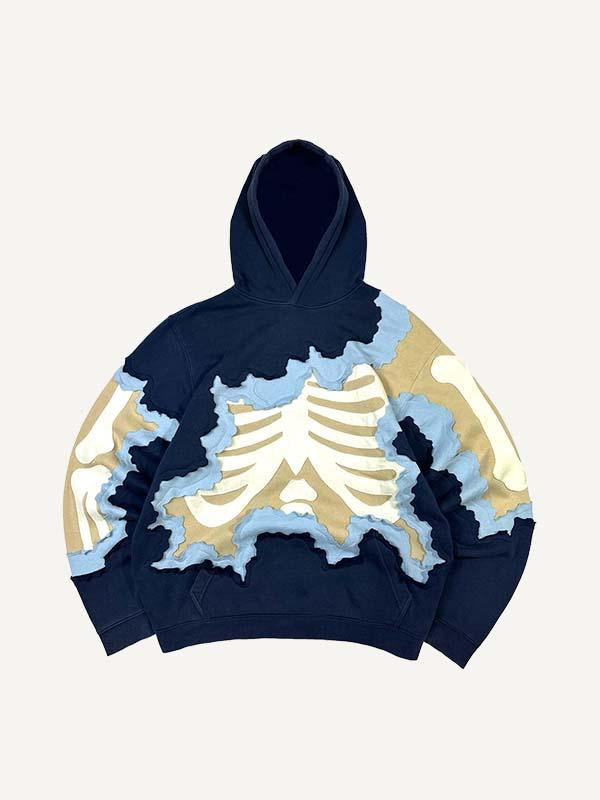 Colorblock Skeleton Faux Decal Print Slant Pockets Hoodie