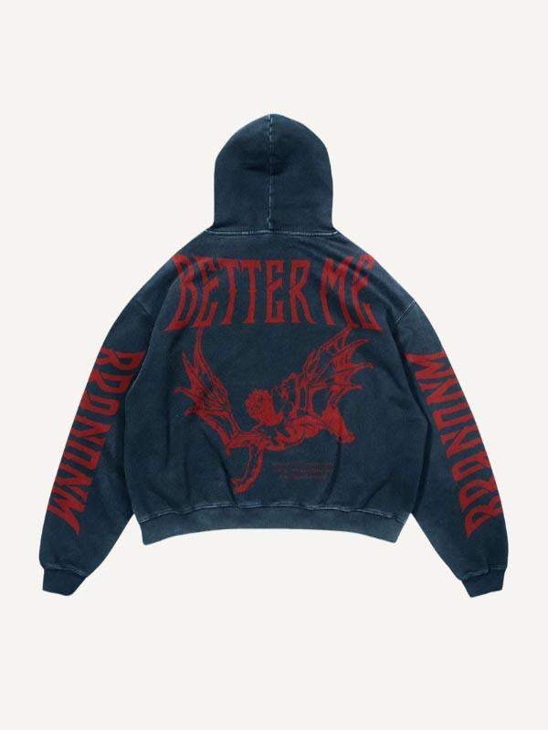 Figure&Letter&Wing Print Slant Pockets Hoodie