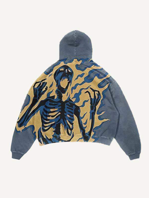 Fire Skeleton Print Slant Pockets Hoodie