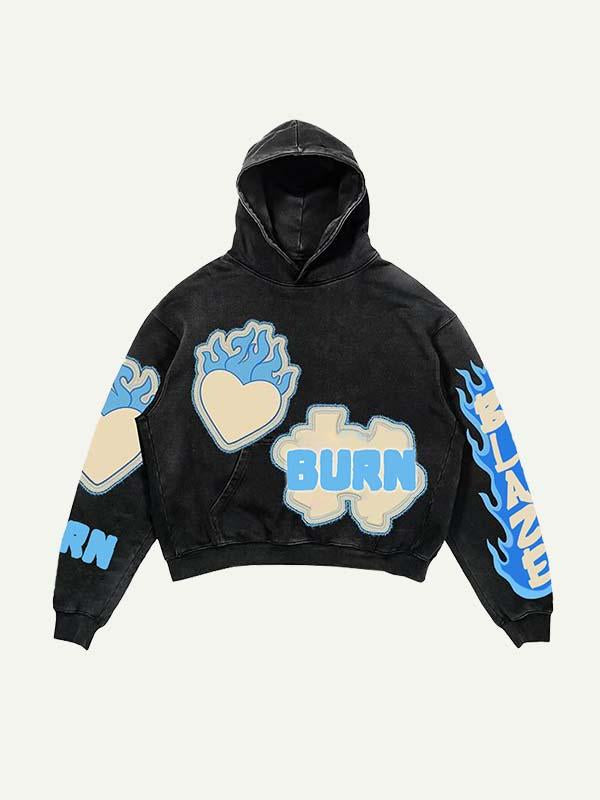 Fire&Heart&Letter&Skull Palm Faux Decal Print Slant Pockets Hoodie