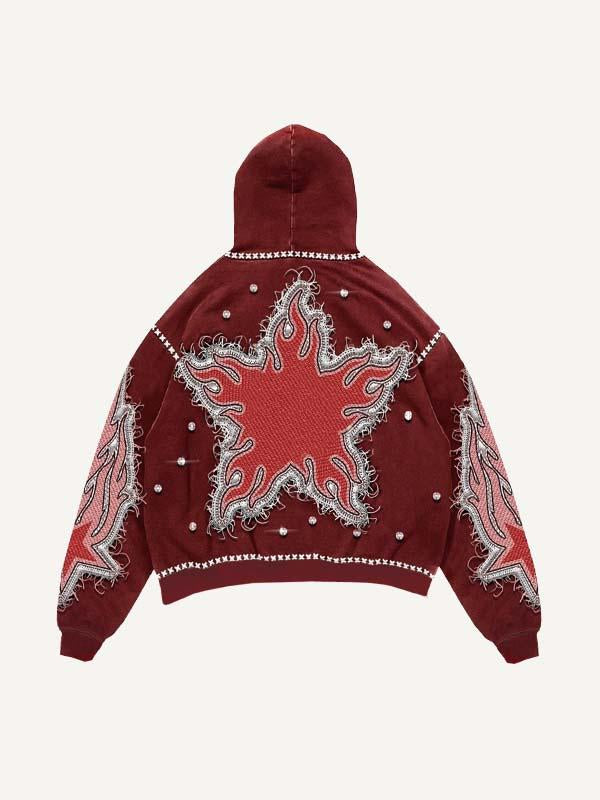 Fire Star Faux Decal Print Slant Pockets Hoodie