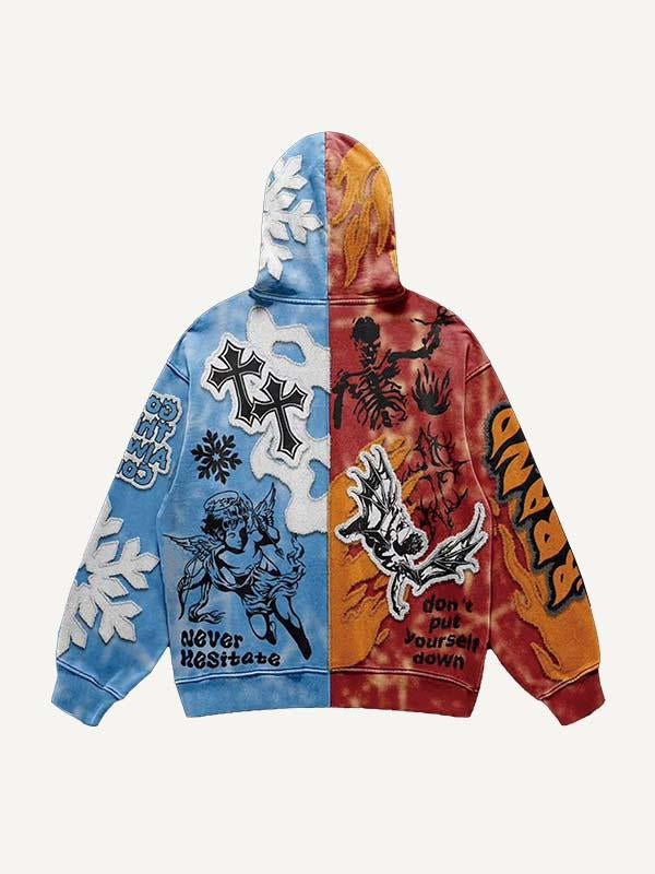 Colorblock Half Angel Half Devil Figure&Wing&Skeleton&Fire&Snow&Sword&Cross&Letter Faux Decal Print Hoodie