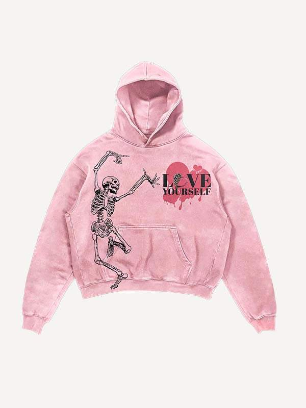 Skeleton&Love&Heart Print Slant Pockets Hoodie