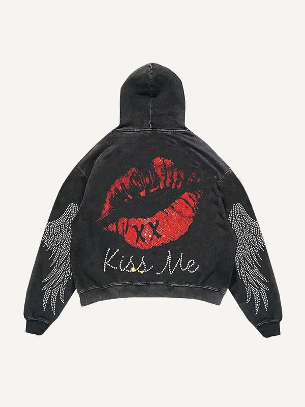 Skull&Wing Faux Rhinestones Print Slant Pockets Hoodie