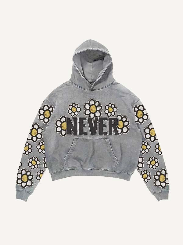 Floral&Letter Print Slant Pockets Hoodie