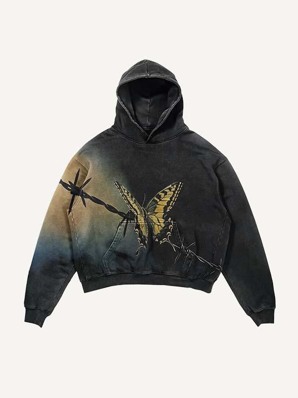Butterfly Print Slant Pockets Hoodie