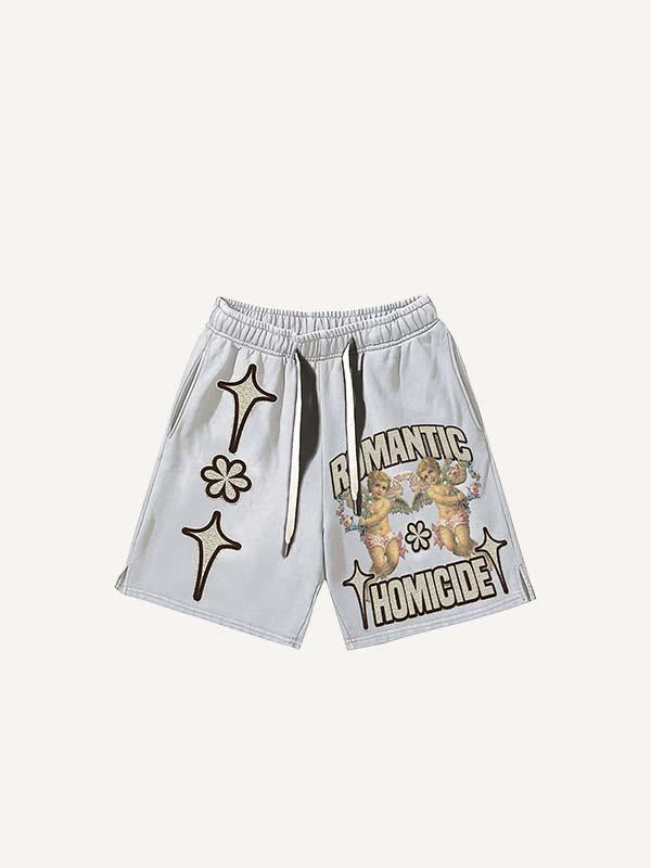 Cupid&Letter&Floral Print Drawstring Waist Shorts
