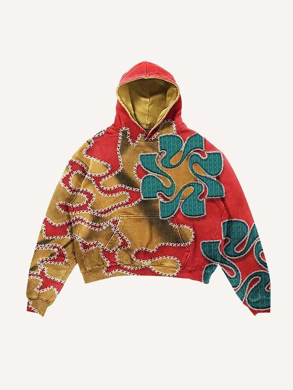 Colorblock Graphic&Letter Faux Decal Print Slant Pockets Hoodie