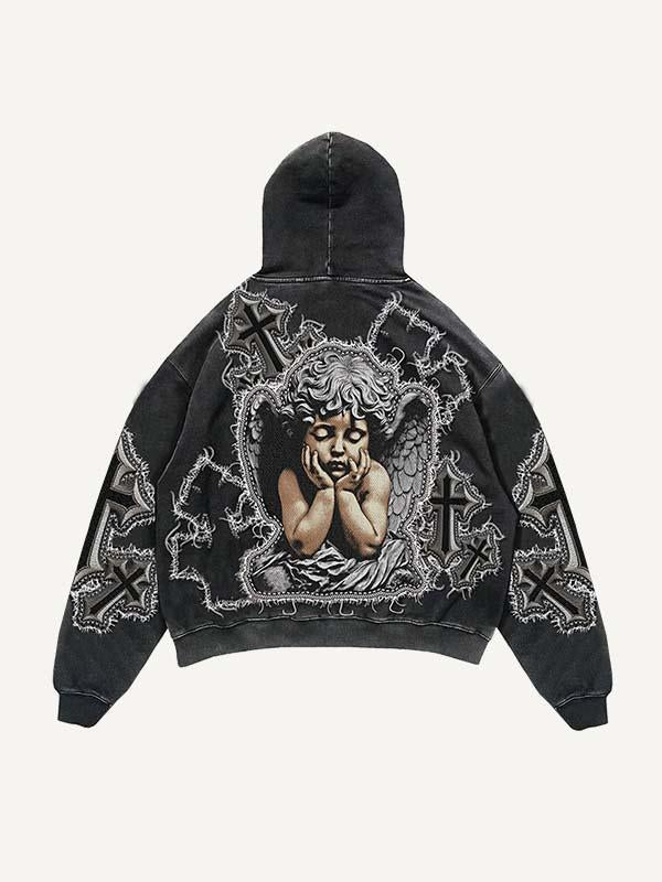 Cross&Angel&Wing&Letter Faux Decal Print Slant Pockets Hoodie