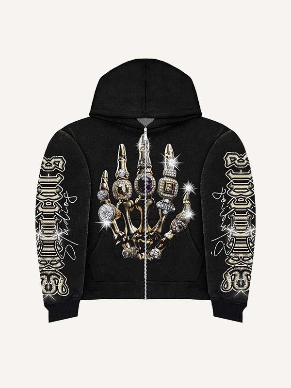 Skull&Palm&Letter Print Zip Up Hooded Coat