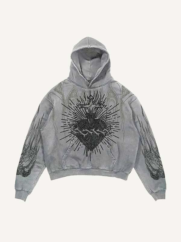Heart&Pray&Cross&Fire Print Slant Pockets Hoodie