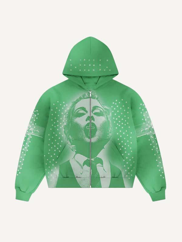 Figure&Cross Faux Rhinestones Print Zip Up Hooded Coat