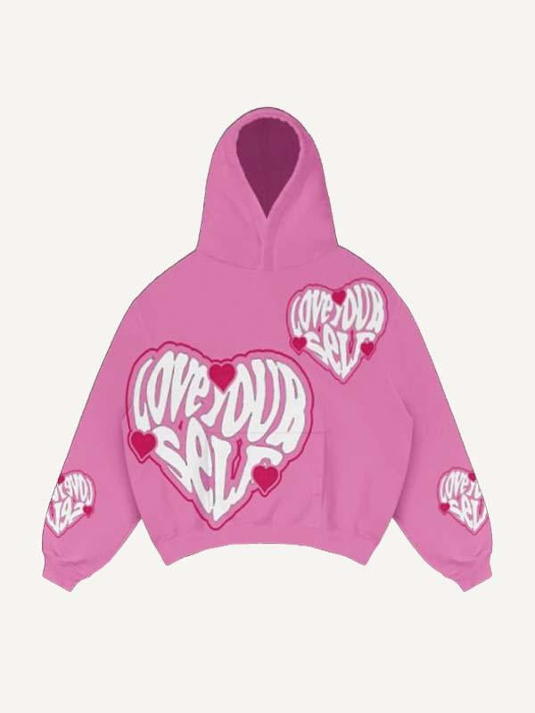 Heart&Letter Faux Decal Print Slant Pockets Hoodie